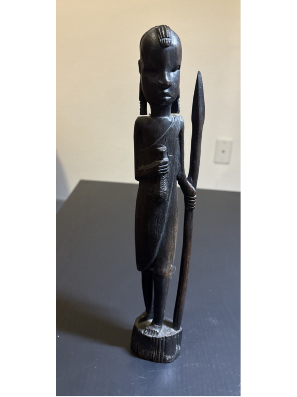 Vintage Hand Carved Kenyan Maasai Warrior Wood Statue 13.5” tall, Made In Kenya